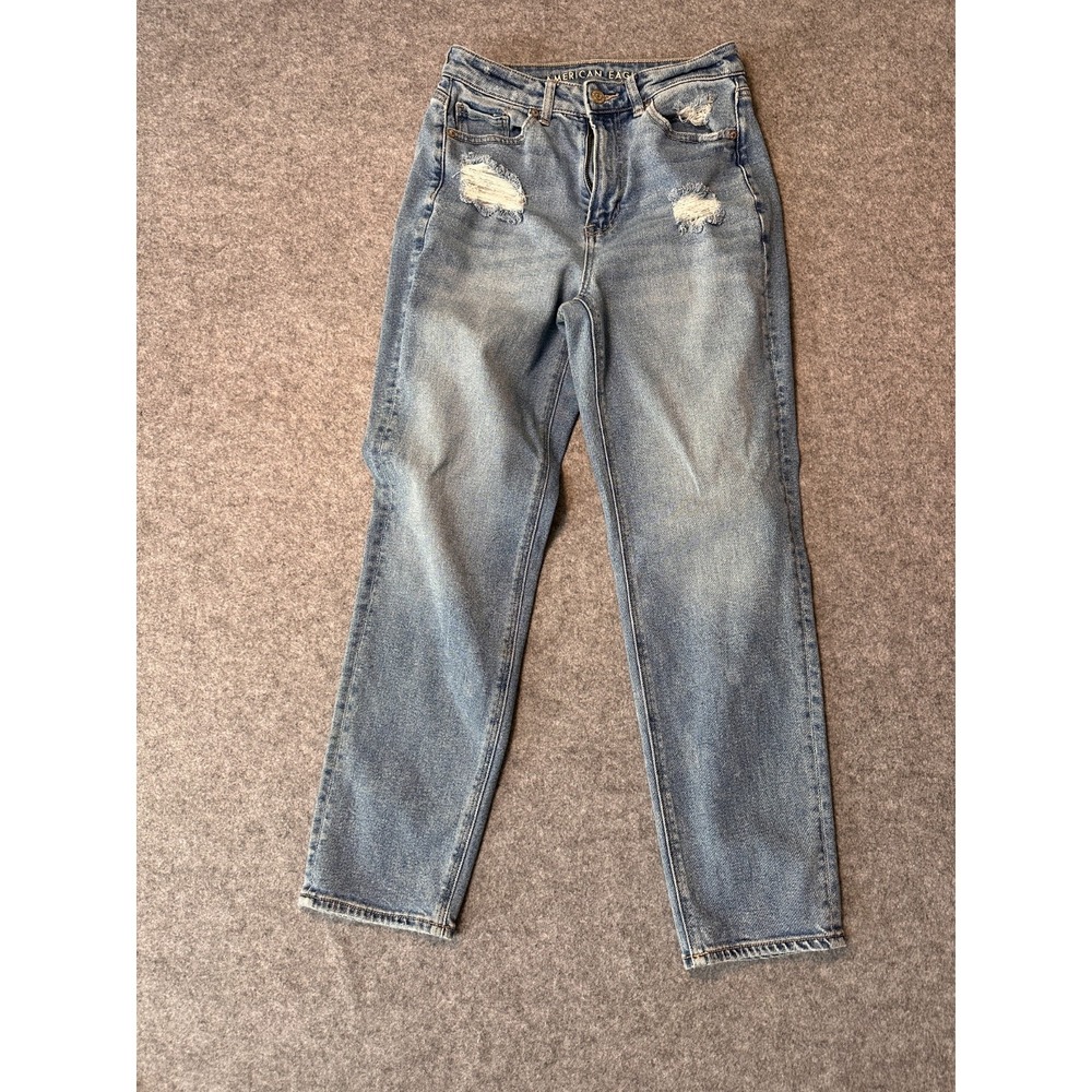 American Eagle Strigid Jeans Womens 4 Blue Stretch Distressed Straight Leg Denim